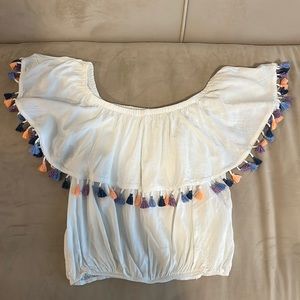 Off the shoulder white tassel crop top